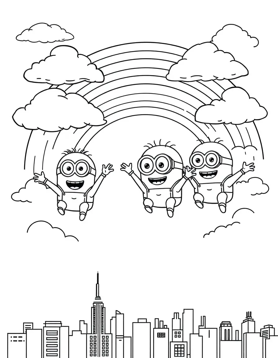 Minions flying through the clouds with a rainbow behind and city skyline below.