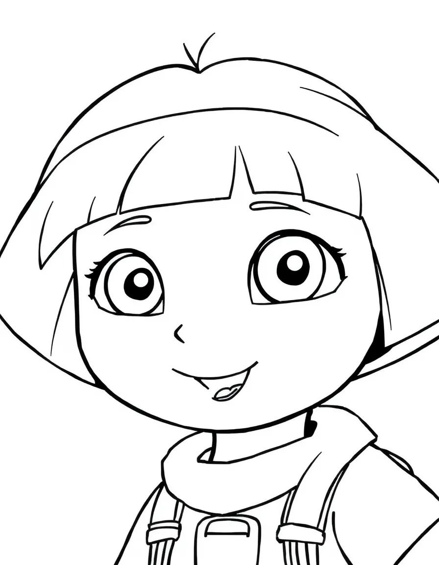 A close-up of Dora the Explorer's face in bold lines with expressive eyes and detailed costume elements.