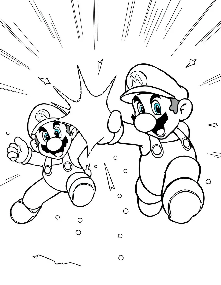 An action-packed scene of Mario using their special powers in a dramatic battle pose.