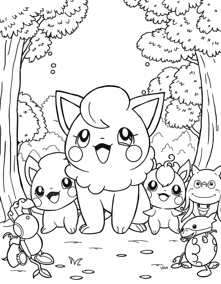 Jigglypuff smiling and posing with their sidekicks, surrounded by trees, toys, or fun backgrounds.