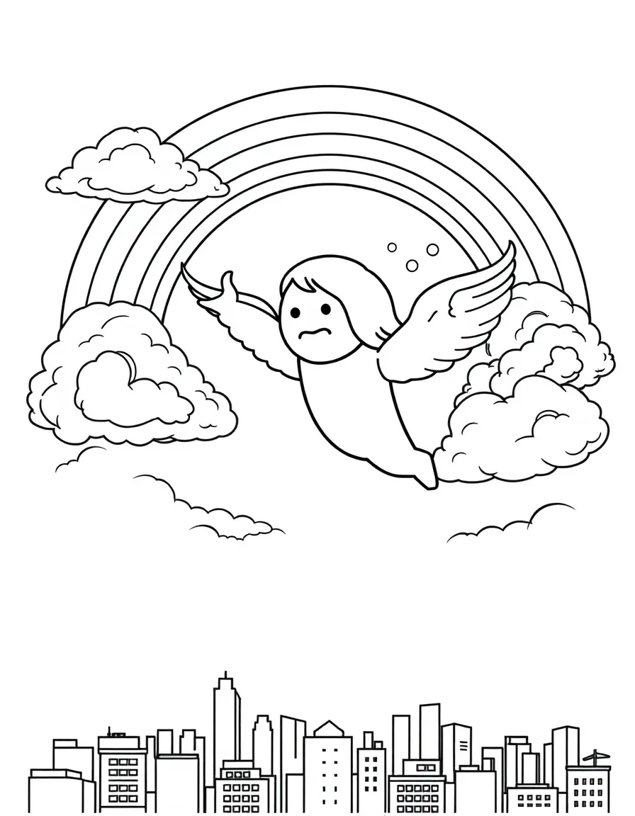 Among Us flying through the clouds with a rainbow behind and city skyline below.