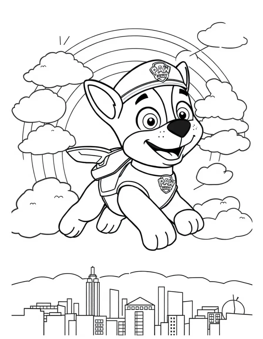 Paw Patrol flying through the clouds with a rainbow behind and city skyline below.