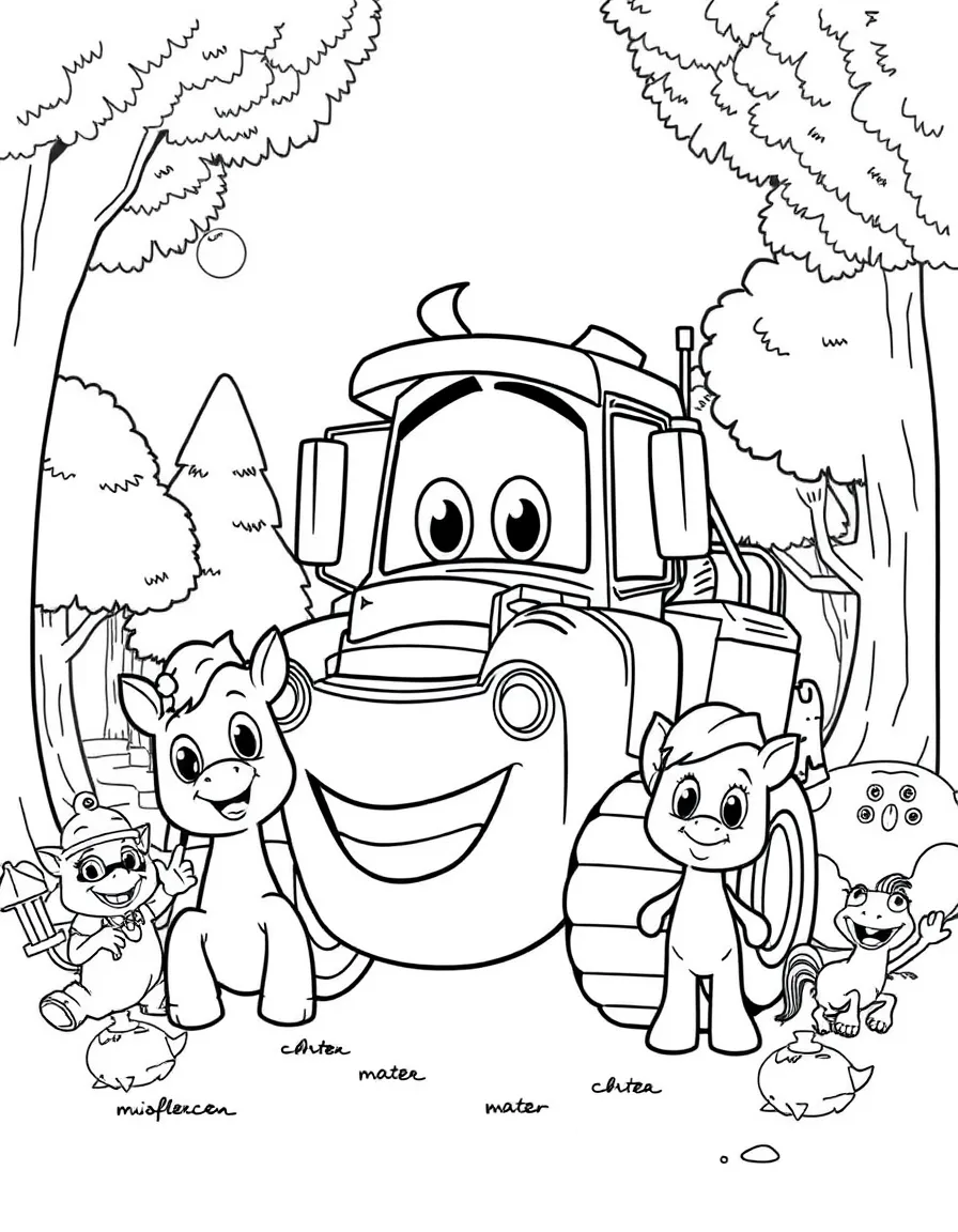 Mater smiling and posing with their sidekicks, surrounded by trees, toys, or fun backgrounds.