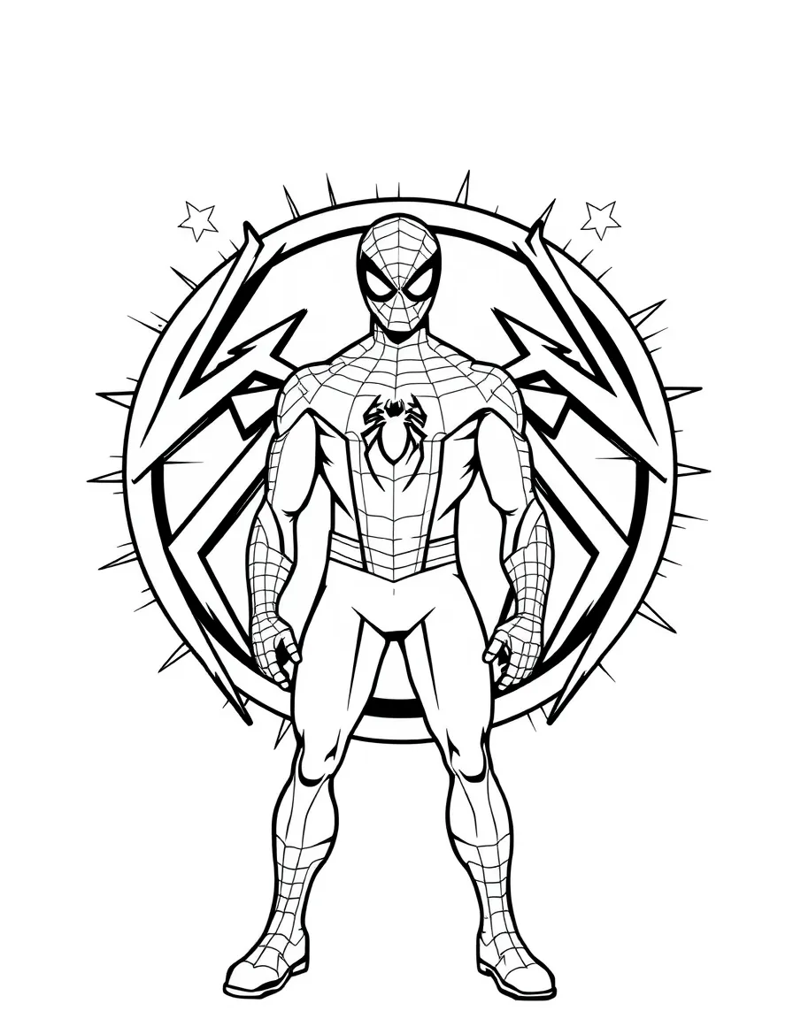 Spiderman standing proudly in front of their iconic logo with stars and comic-style effects around.