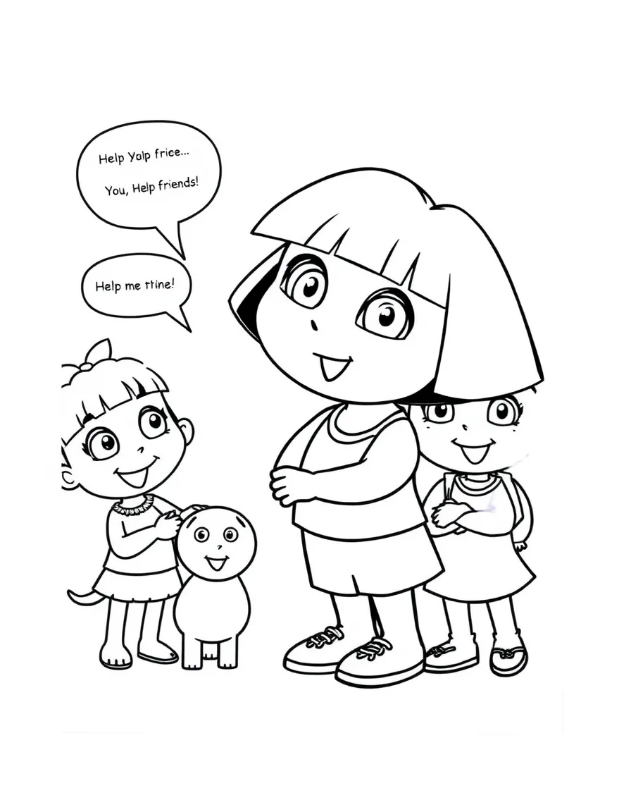 A cartoon-style drawing of Dora the Explorer helping friends, with speech bubbles and cheerful faces.