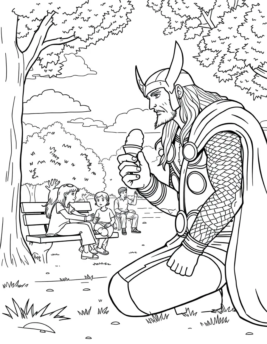 Thor enjoying a day off, eating ice cream or playing with friends in a park setting.