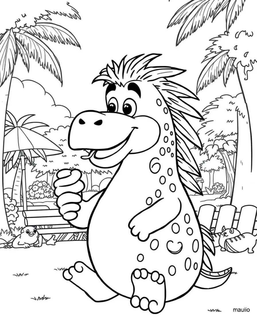 Maui enjoying a day off, eating ice cream or playing with friends in a park setting.