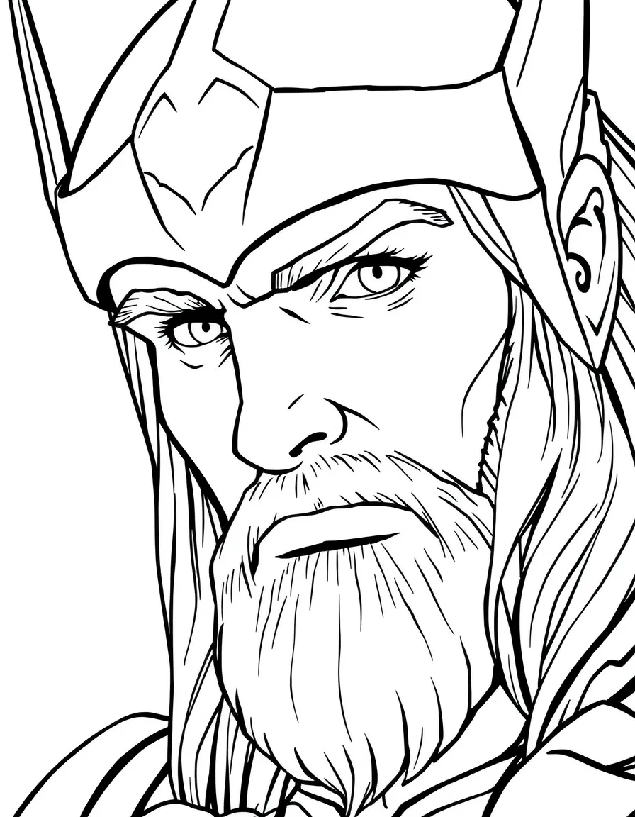 A close-up of Thor's face in bold lines with expressive eyes and detailed costume elements.