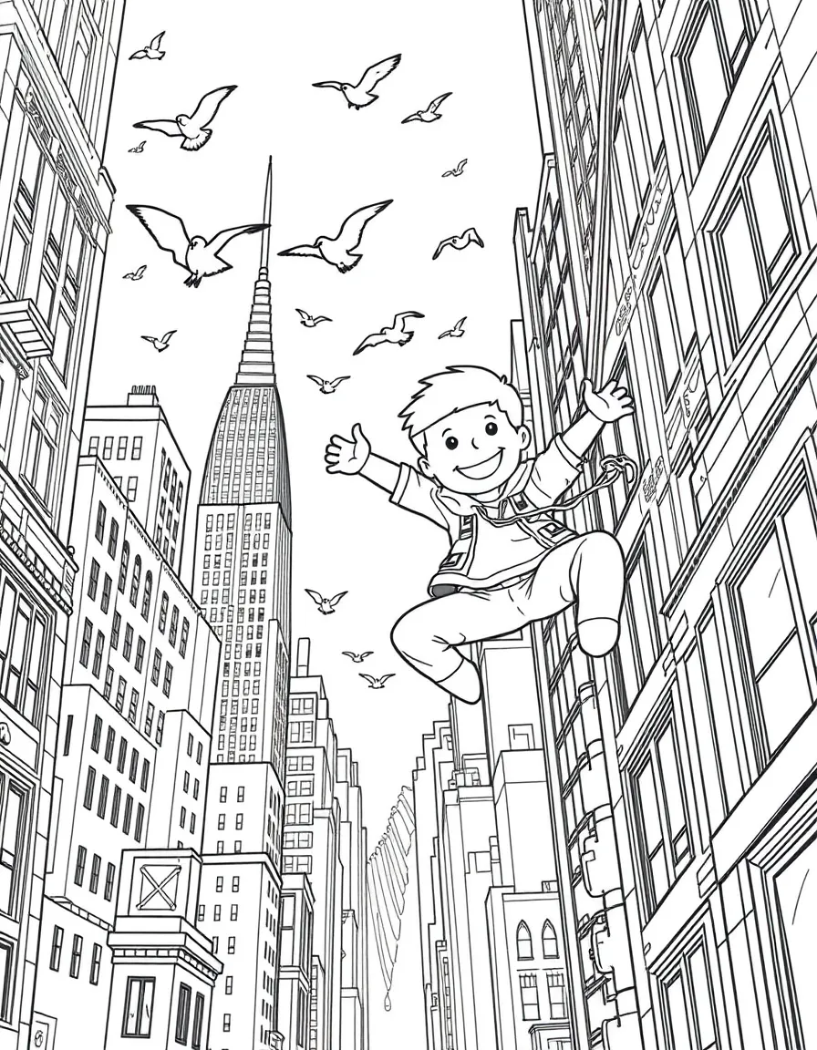 A fun and detailed coloring page of Steve swinging through a city full of tall buildings and birds.