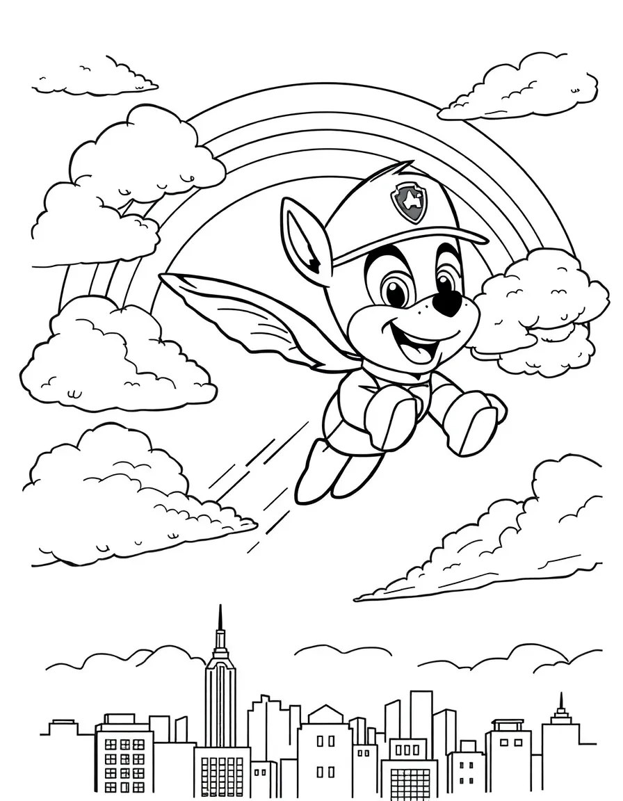 Chase flying through the clouds with a rainbow behind and city skyline below.