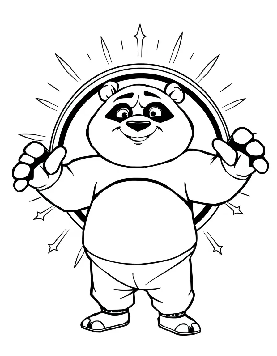 Kung Fu Panda standing proudly in front of their iconic logo with stars and comic-style effects around.