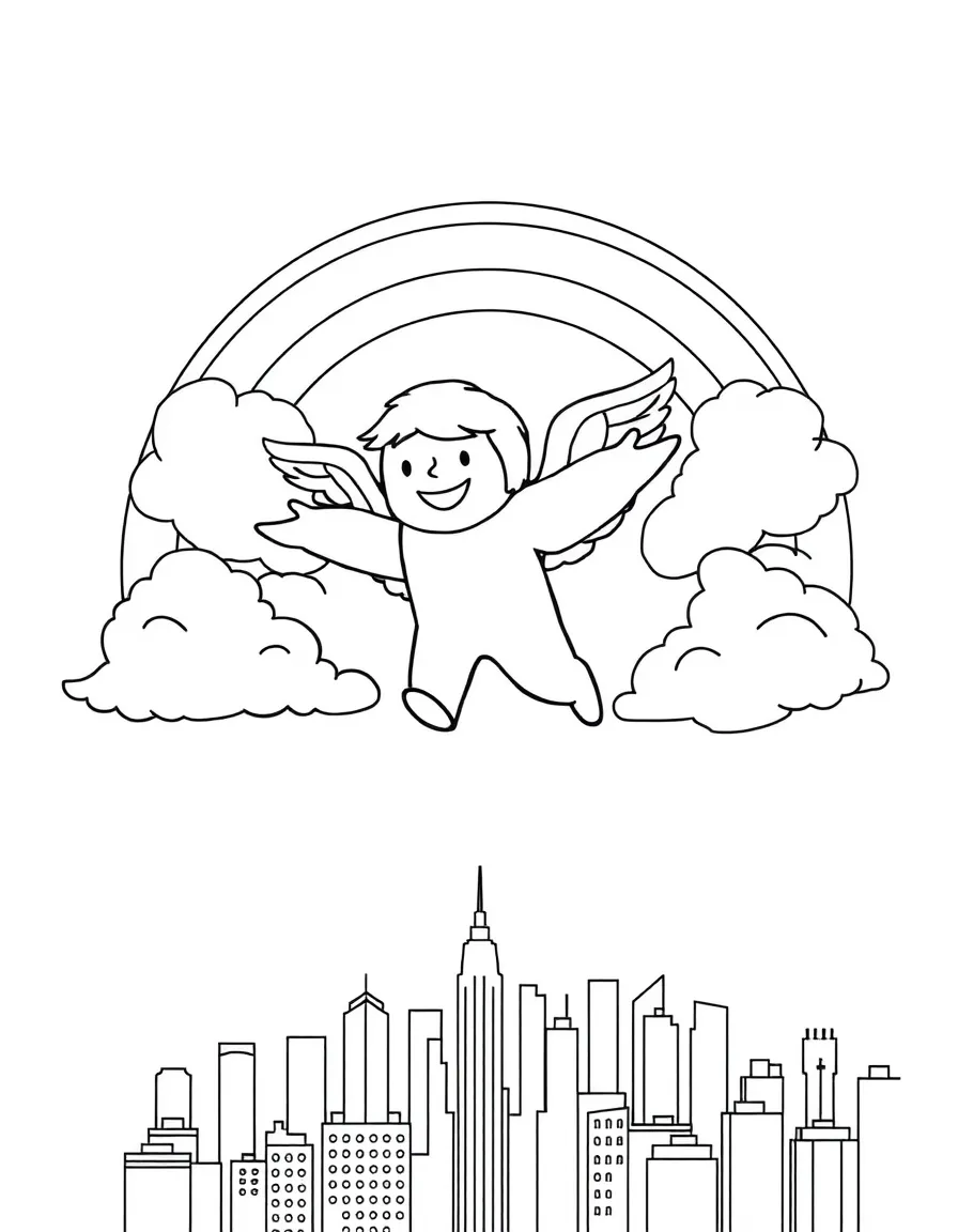Among Us flying through the clouds with a rainbow behind and city skyline below.