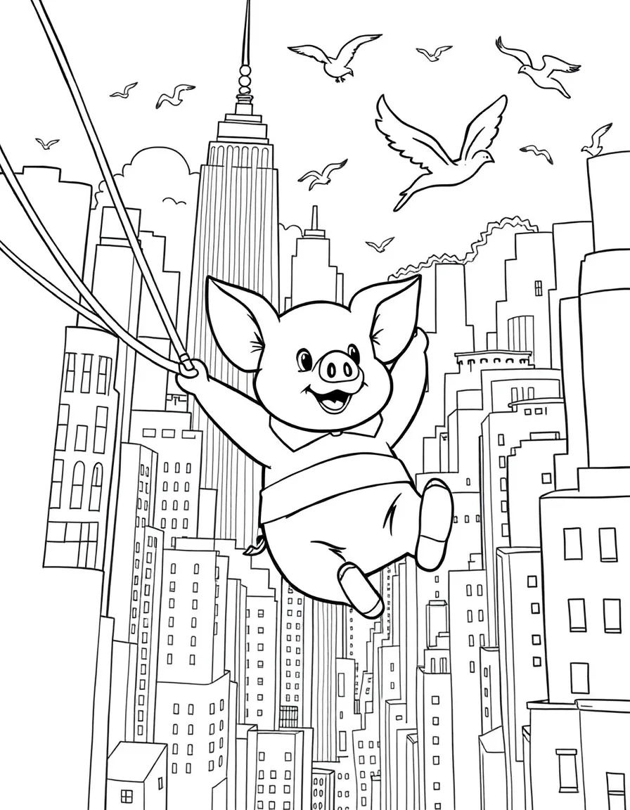 A fun and detailed coloring page of Piglet swinging through a city full of tall buildings and birds.
