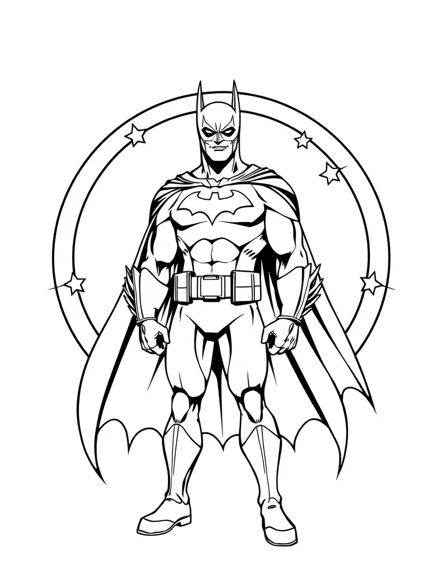Batman standing proudly in front of their iconic logo with stars and comic-style effects around.