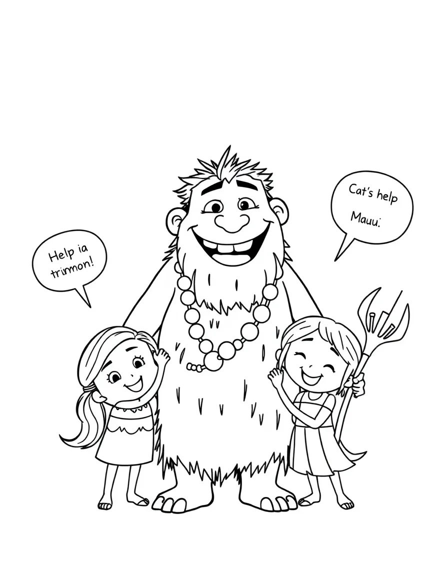 A cartoon-style drawing of Maui helping friends, with speech bubbles and cheerful faces.