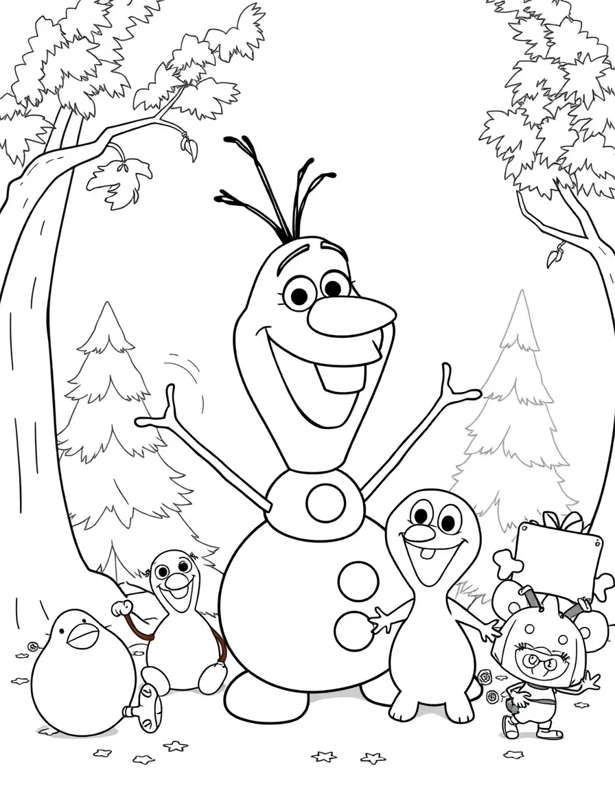 Olaf smiling and posing with their sidekicks, surrounded by trees, toys, or fun backgrounds.