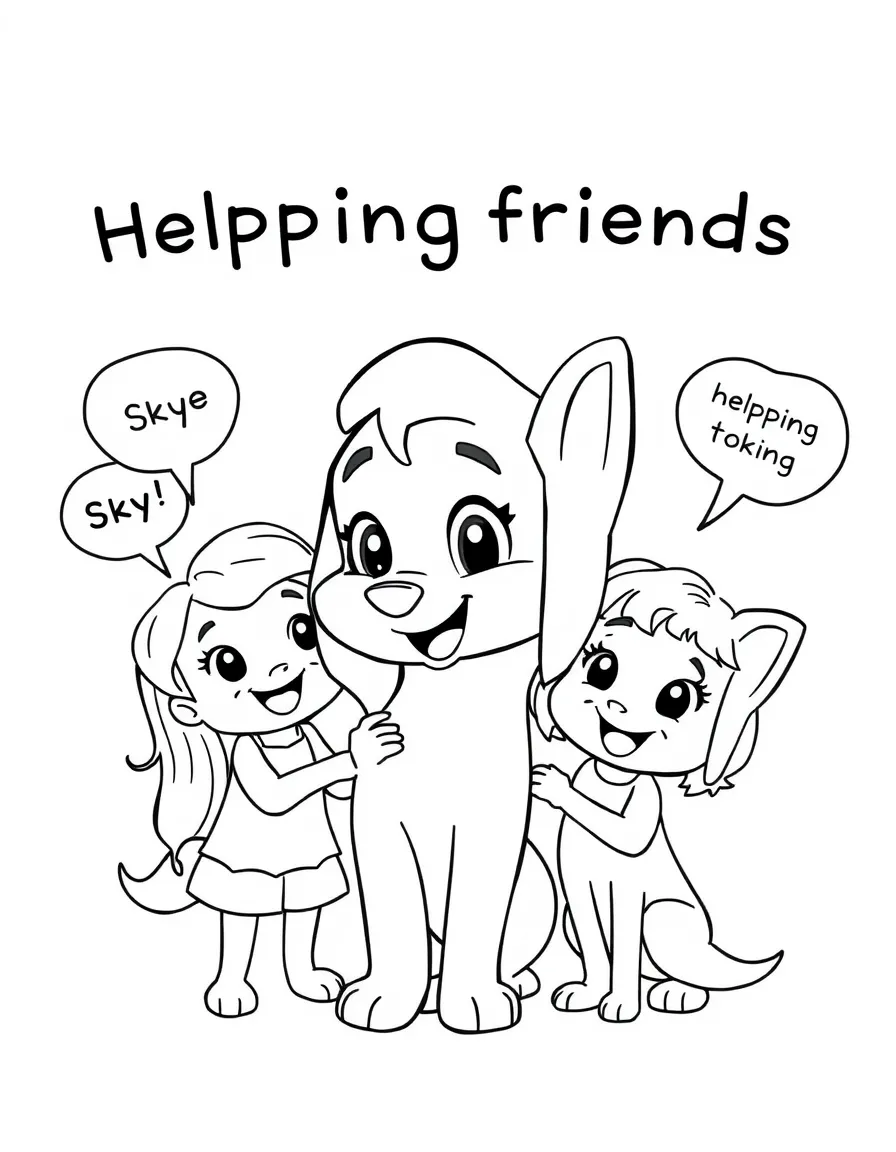 A cartoon-style drawing of Skye helping friends, with speech bubbles and cheerful faces.