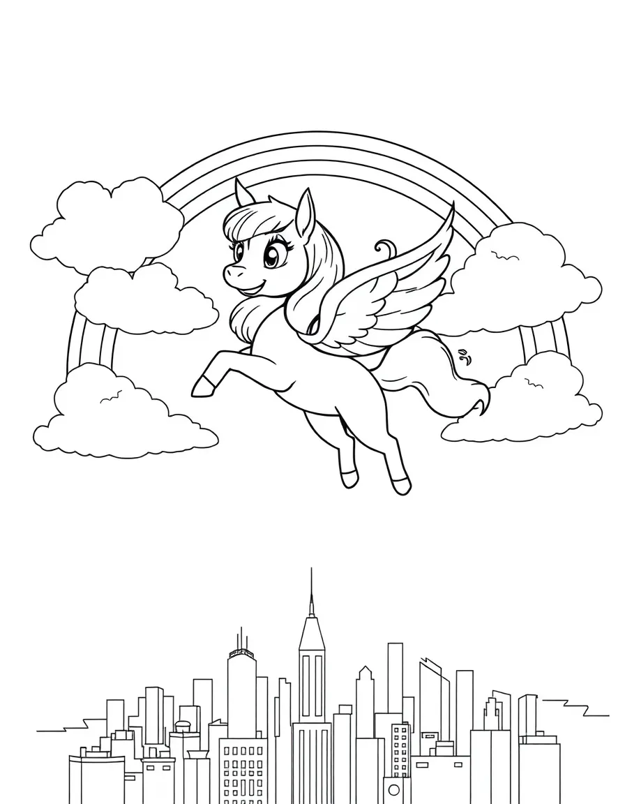 Fiona flying through the clouds with a rainbow behind and city skyline below.