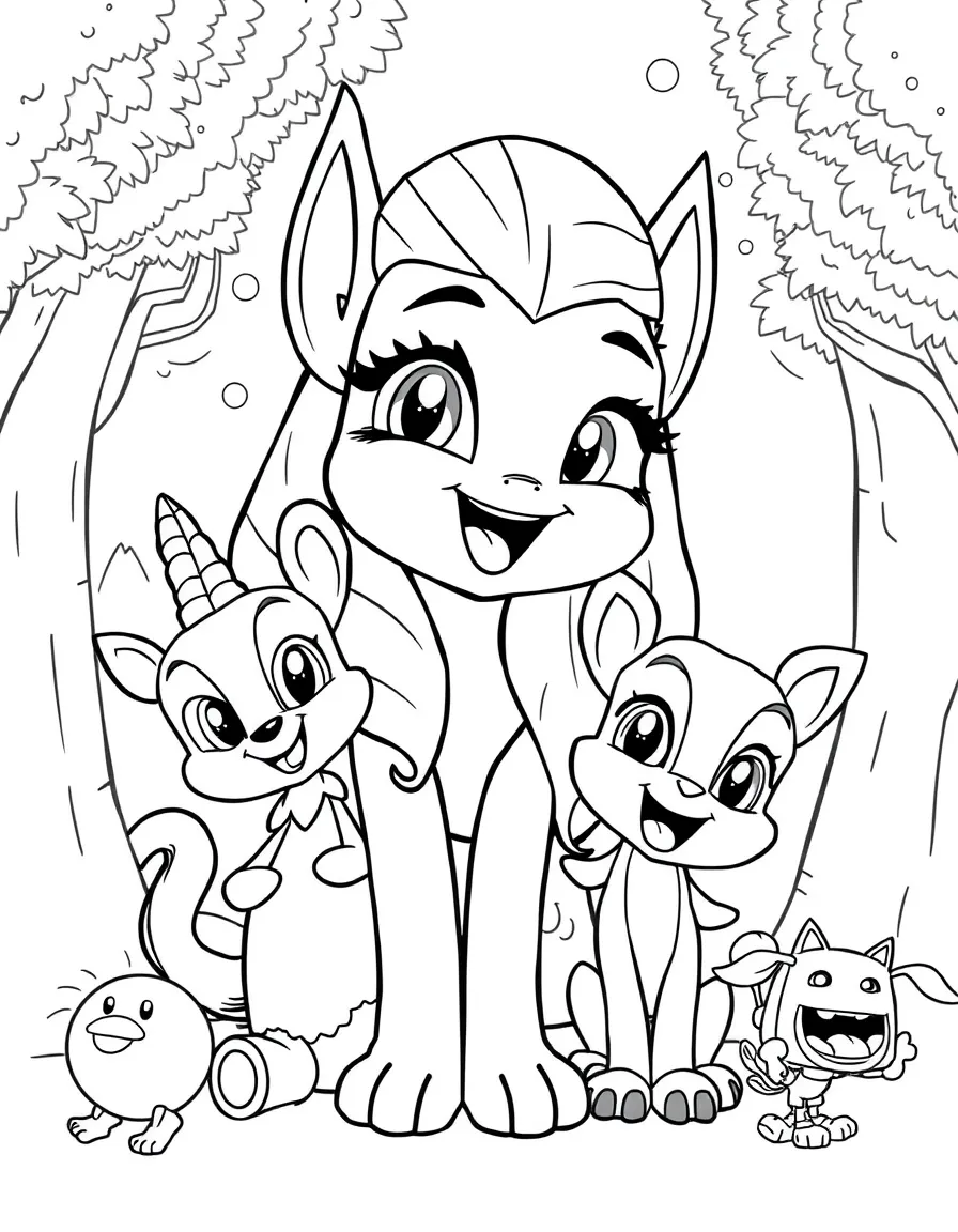 Skye smiling and posing with their sidekicks, surrounded by trees, toys, or fun backgrounds.
