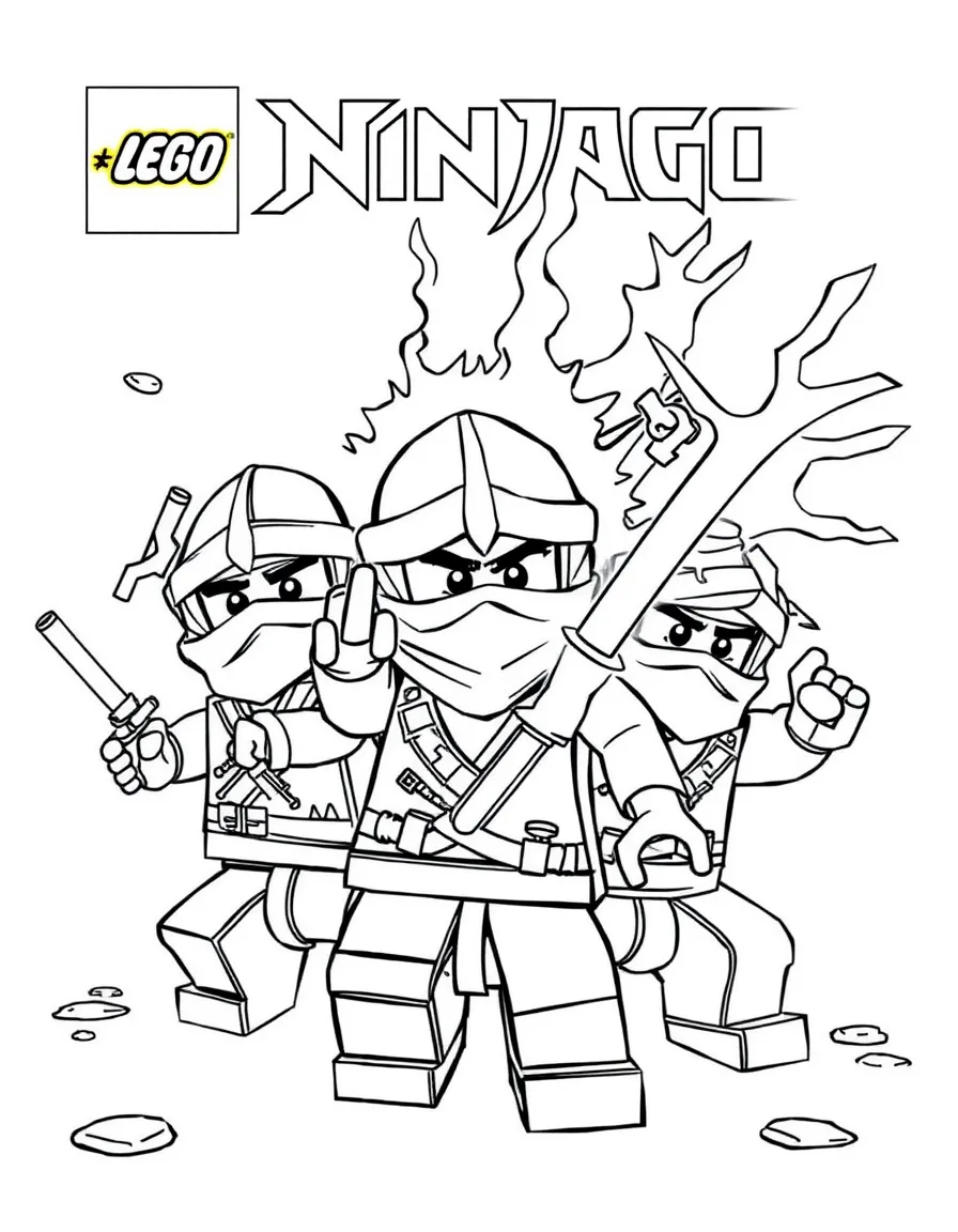 An action-packed scene of Lego Ninjago using their special powers in a dramatic battle pose.