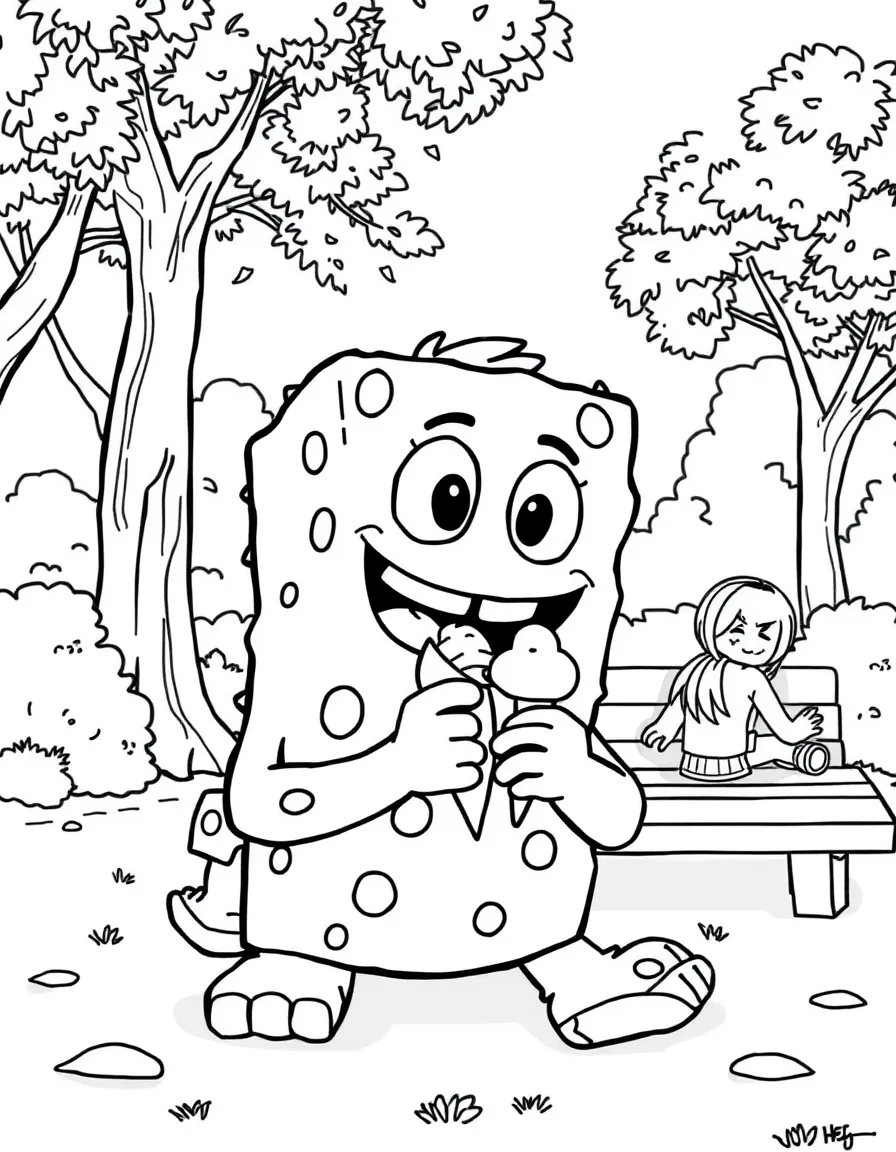 Creeper enjoying a day off, eating ice cream or playing with friends in a park setting.