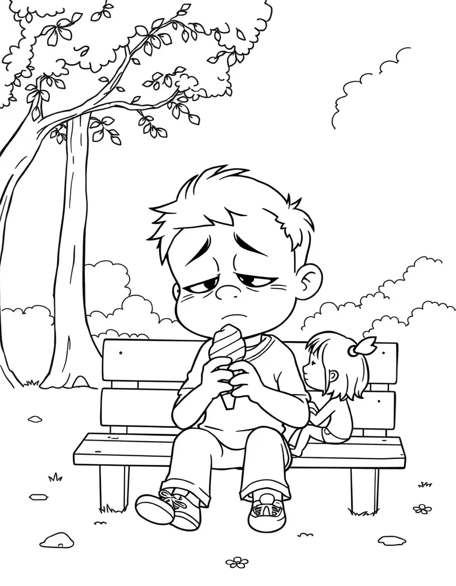 Sadness enjoying a day off, eating ice cream or playing with friends in a park setting.
