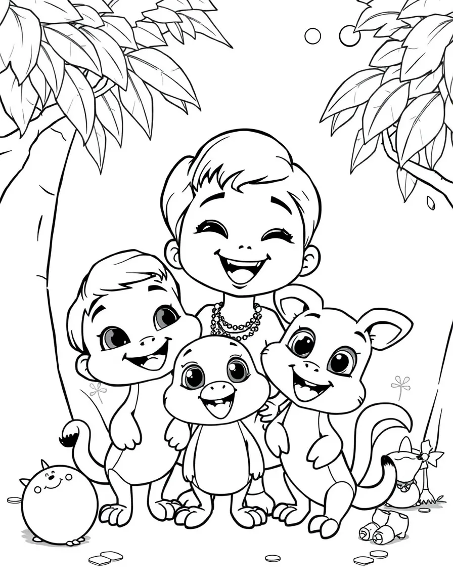 Coco smiling and posing with their sidekicks, surrounded by trees, toys, or fun backgrounds.