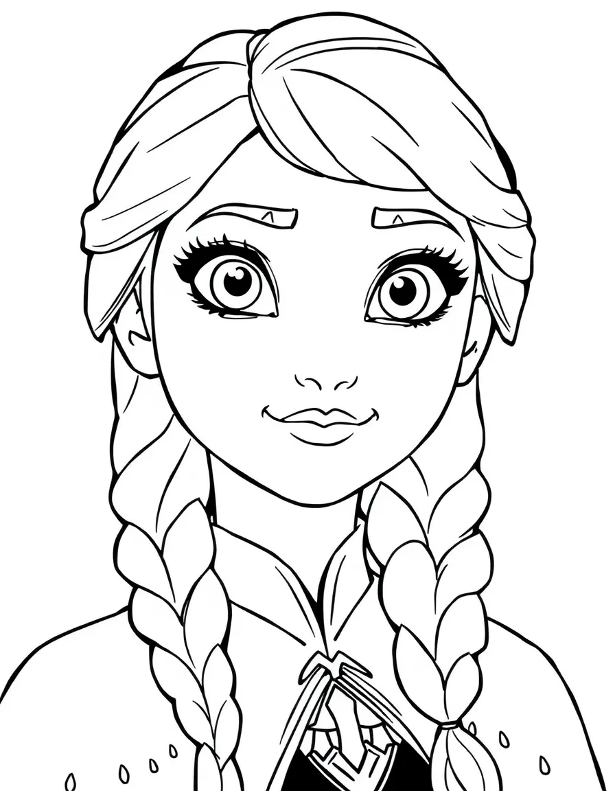 A close-up of Anna's face in bold lines with expressive eyes and detailed costume elements.