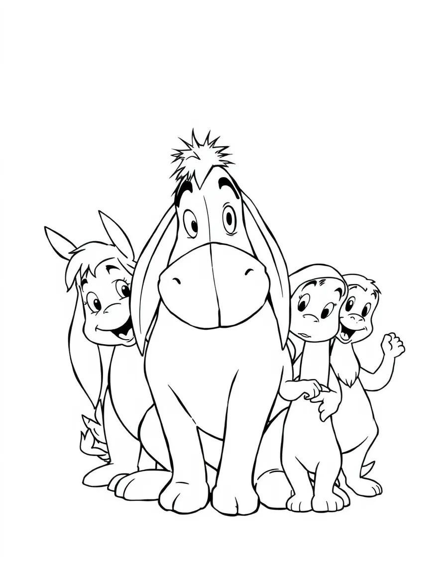 A group coloring page featuring Eeyore with other characters from the same show or movie.