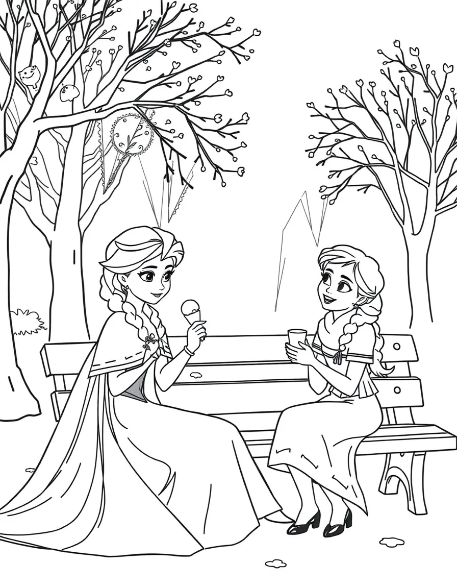 Frozen enjoying a day off, eating ice cream or playing with friends in a park setting.