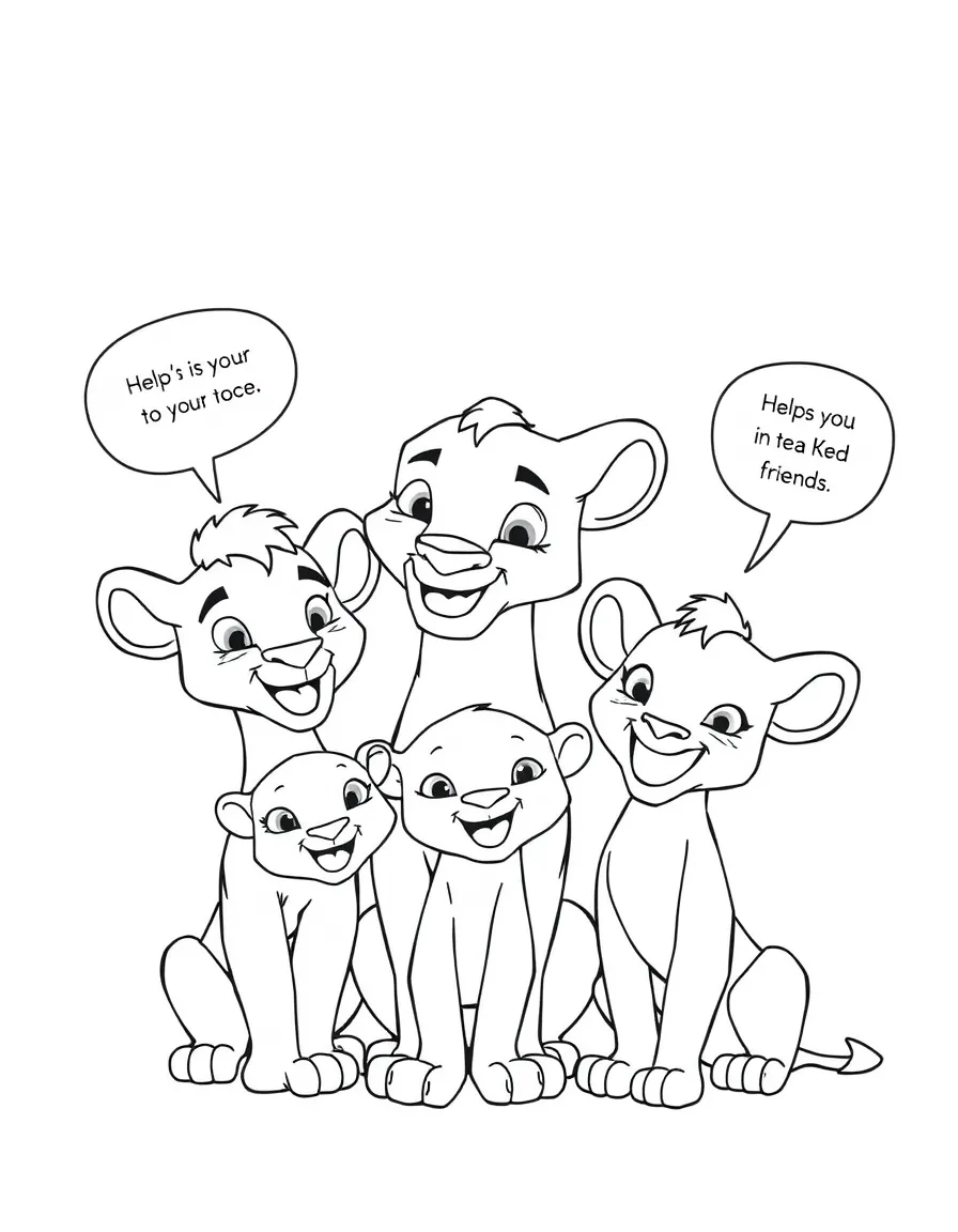 A cartoon-style drawing of Nala helping friends, with speech bubbles and cheerful faces.