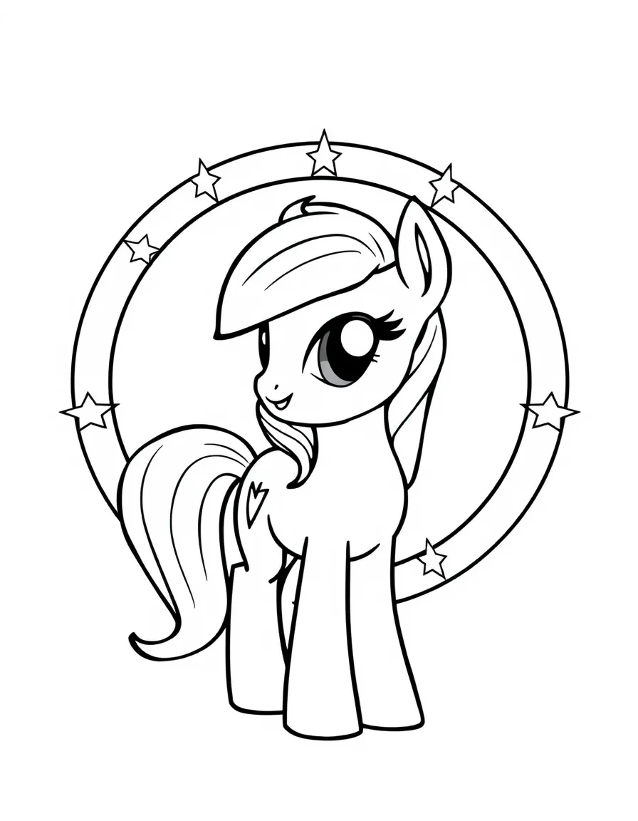 Applejack standing proudly in front of their iconic logo with stars and comic-style effects around.
