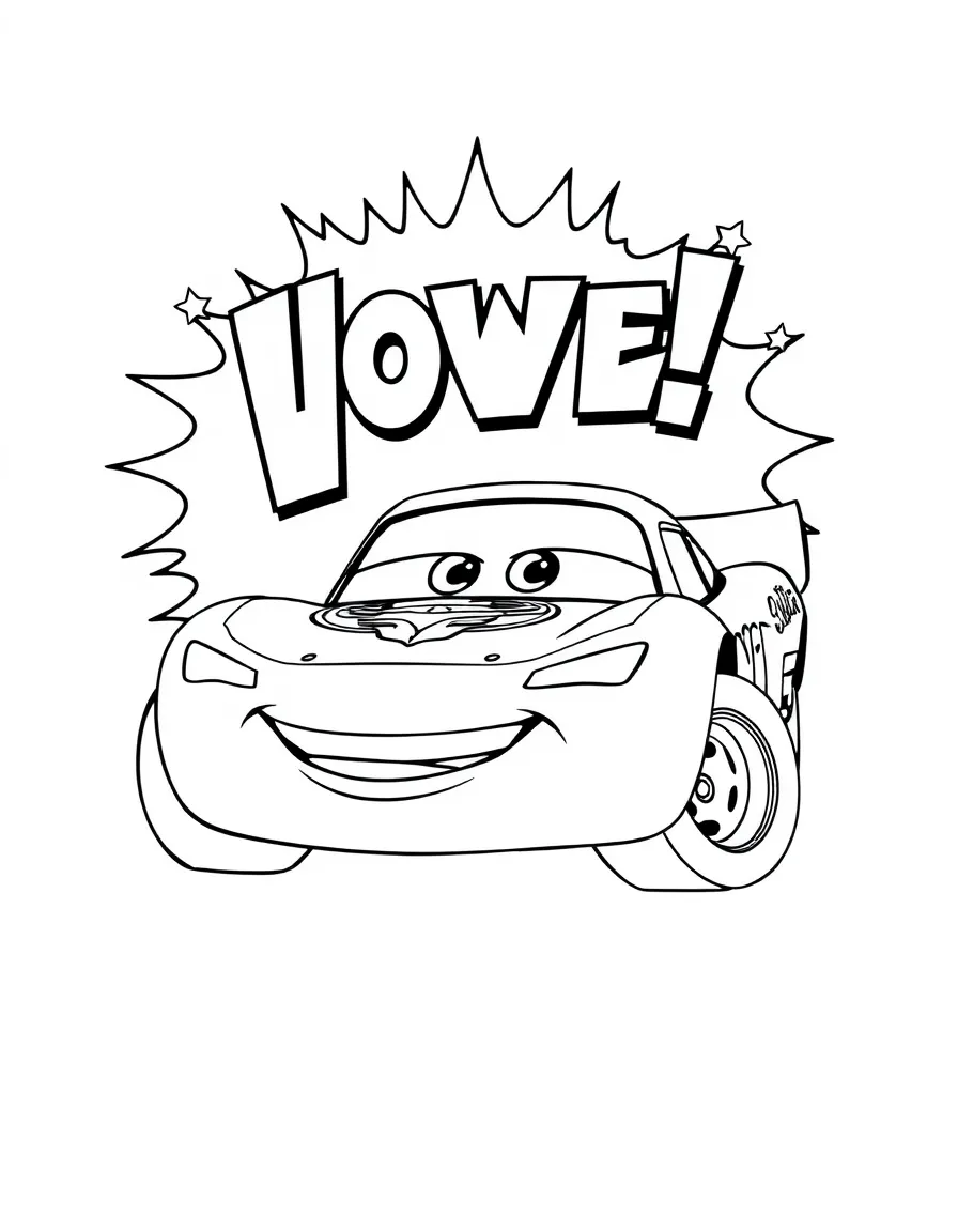 Lightning McQueen standing proudly in front of their iconic logo with stars and comic-style effects around.