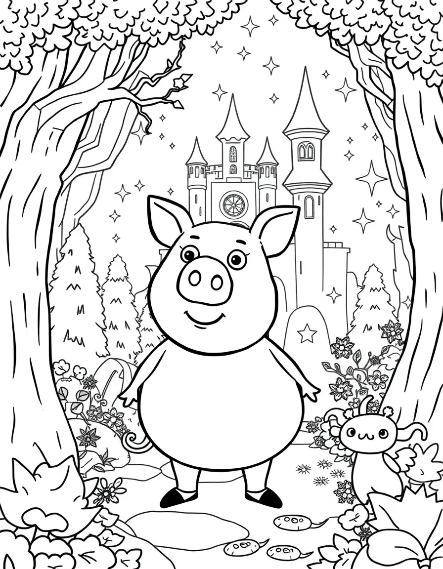 A fantasy background of George Pig in a magical forest or castle, with sparkles and mystical creatures.