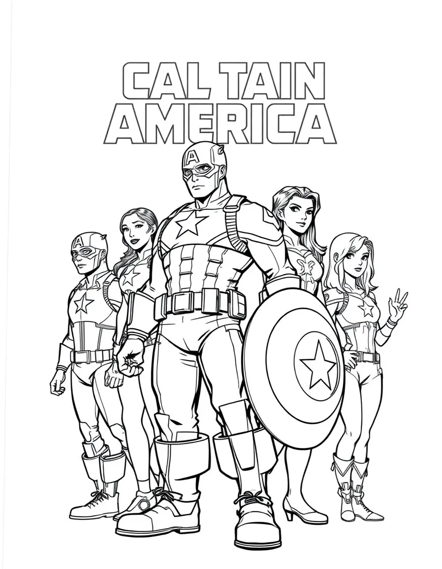 A group coloring page featuring Captain America with other characters from the same show or movie.