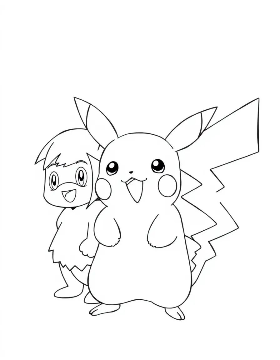 A group coloring page featuring Pikachu with other characters from the same show or movie.