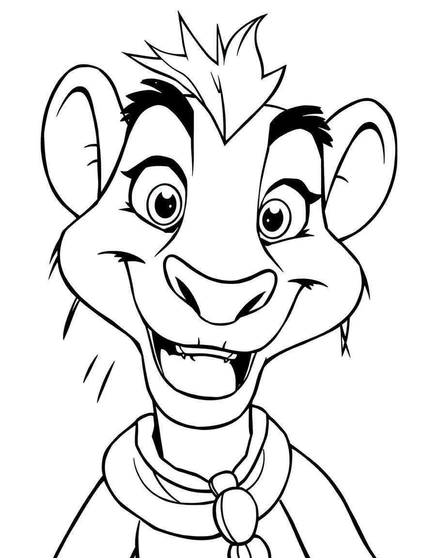 A close-up of Timon's face in bold lines with expressive eyes and detailed costume elements.
