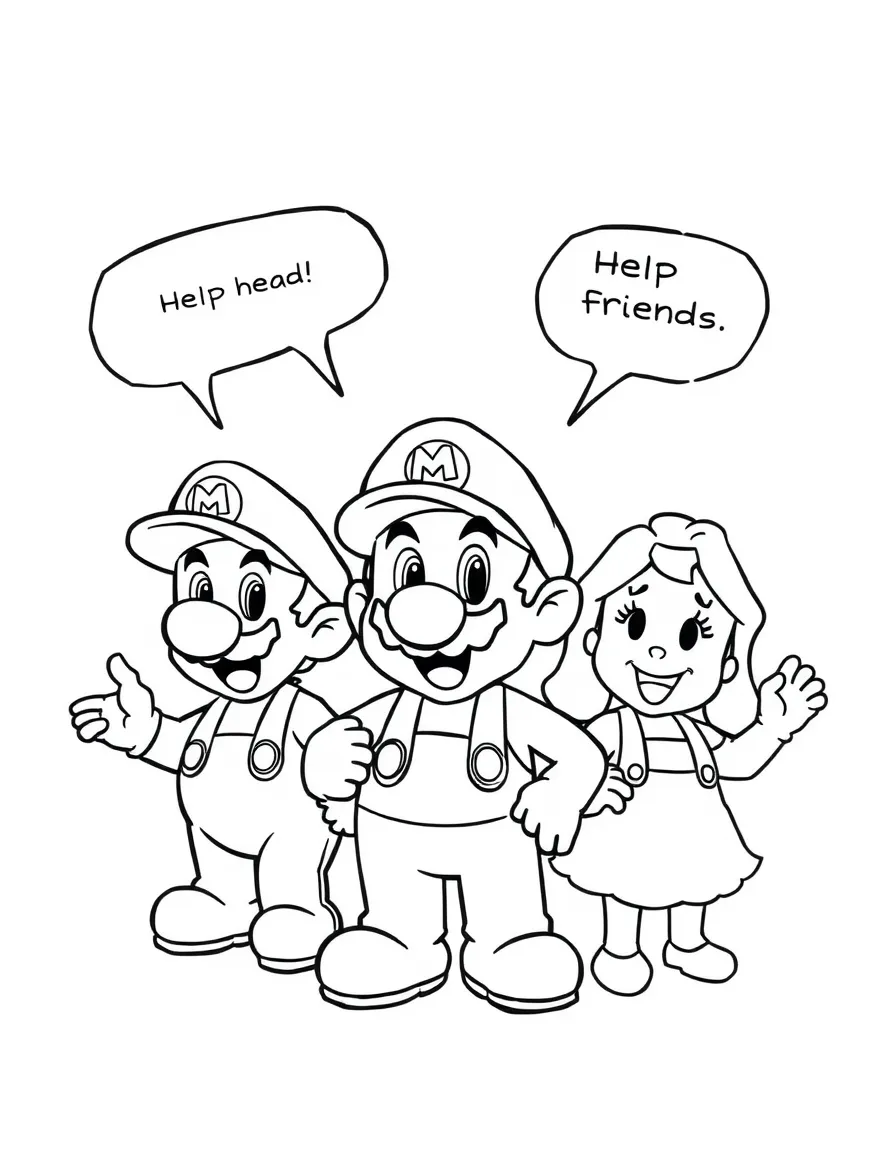 A cartoon-style drawing of Mario helping friends, with speech bubbles and cheerful faces.