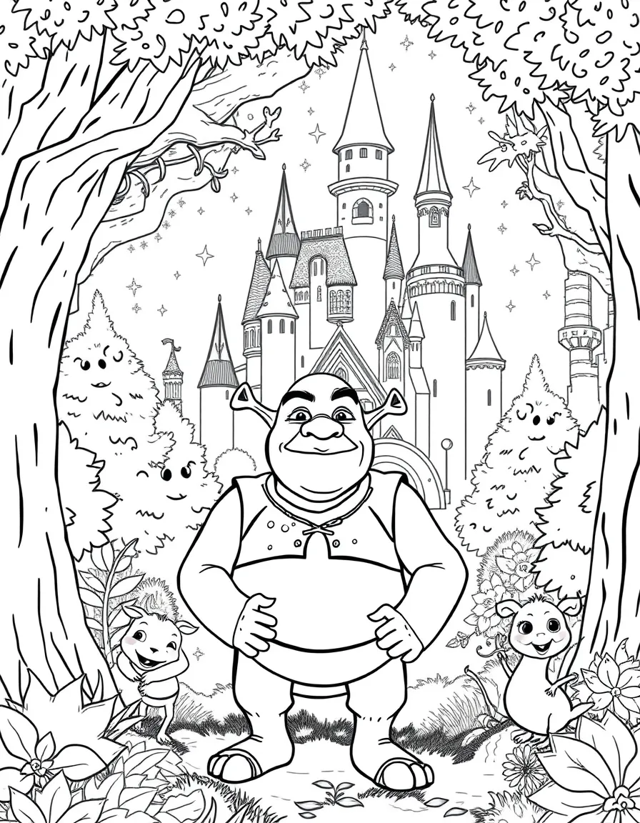 A fantasy background of Shrek in a magical forest or castle, with sparkles and mystical creatures.