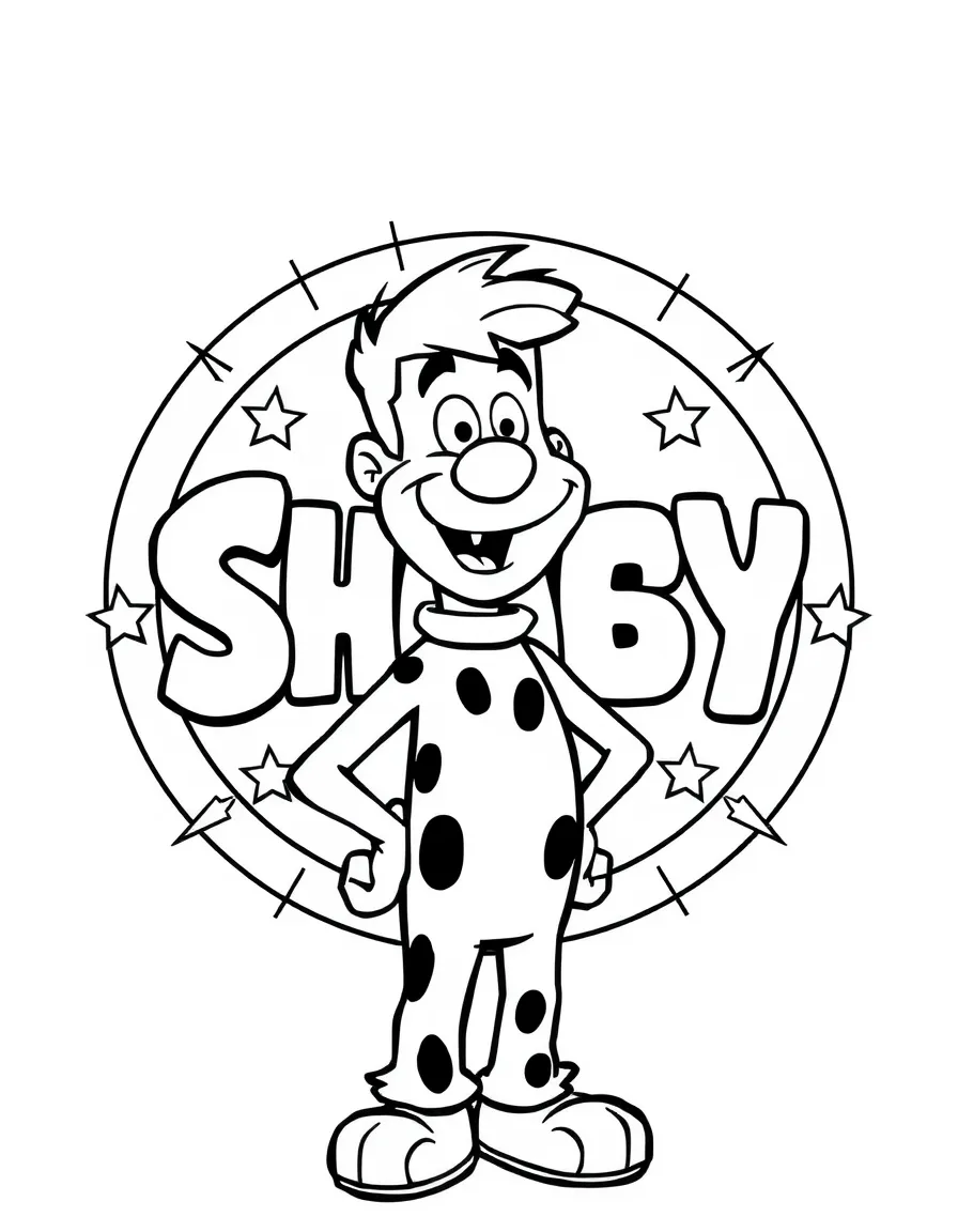 Shaggy standing proudly in front of their iconic logo with stars and comic-style effects around.
