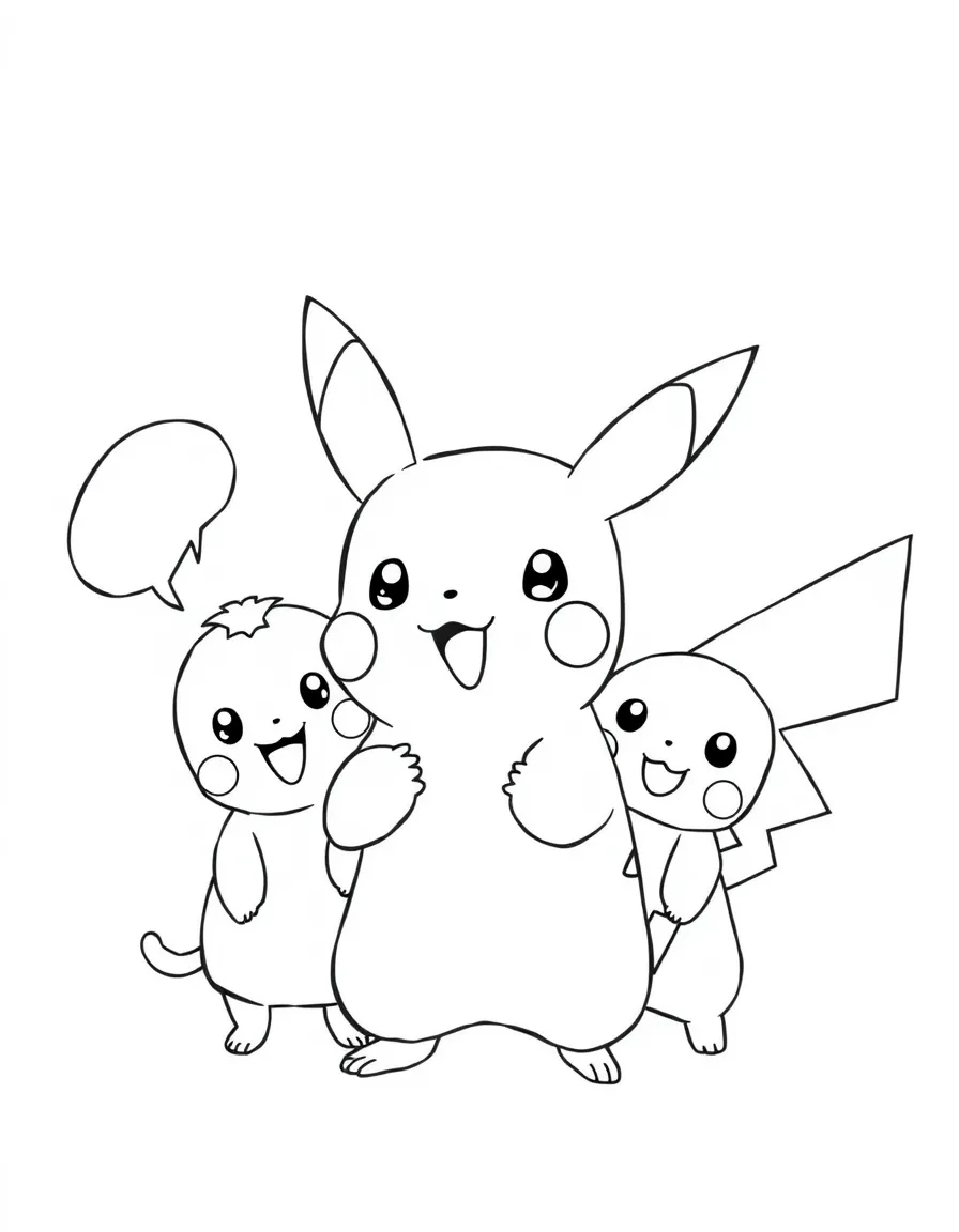 A cartoon-style drawing of Pikachu helping friends, with speech bubbles and cheerful faces.