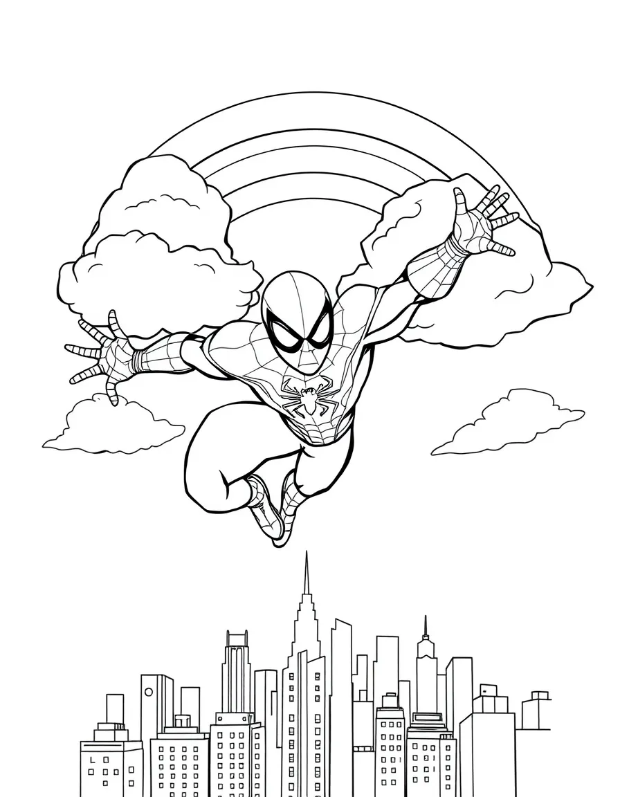 Spiderman flying through the clouds with a rainbow behind and city skyline below.