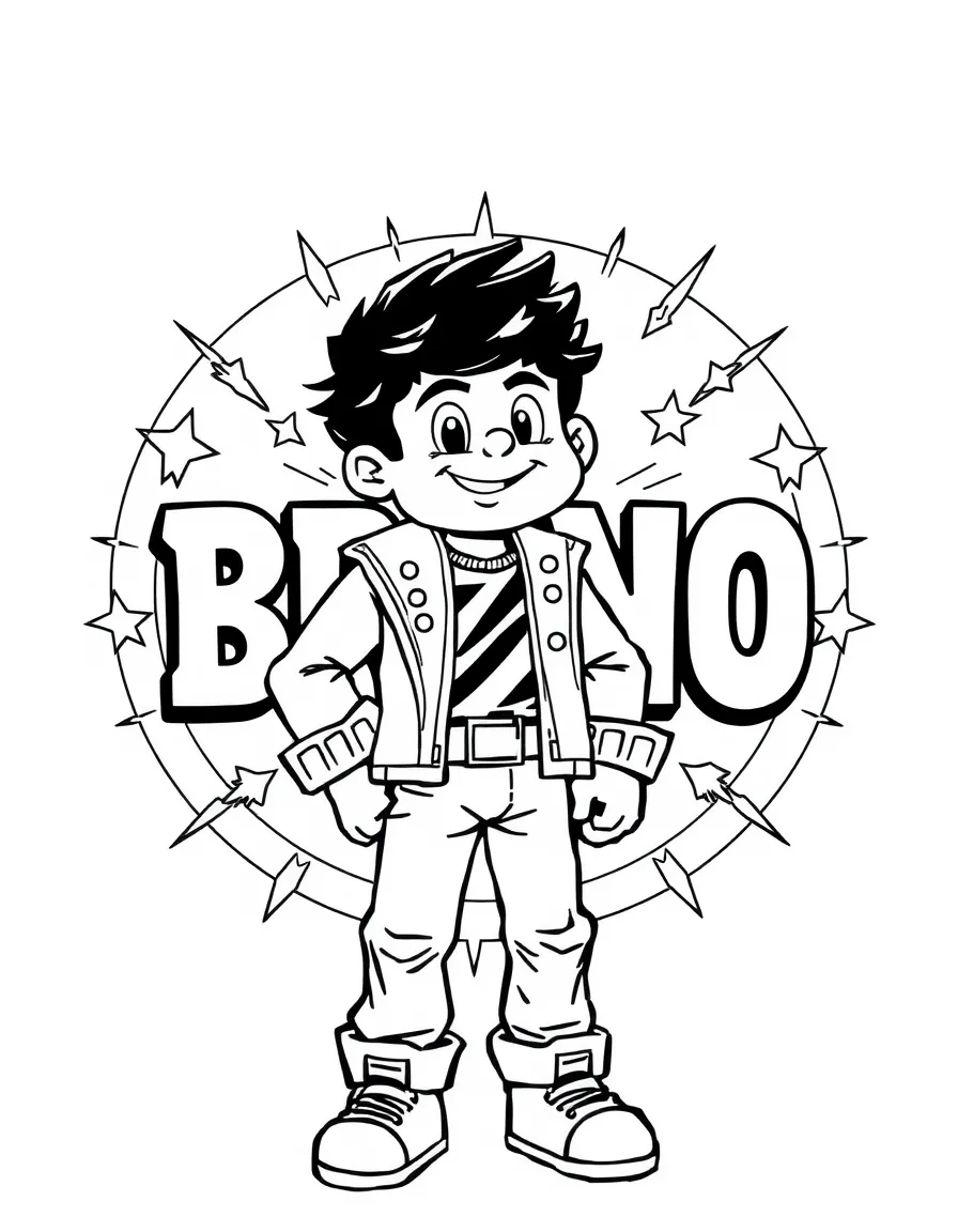 Bruno standing proudly in front of their iconic logo with stars and comic-style effects around.