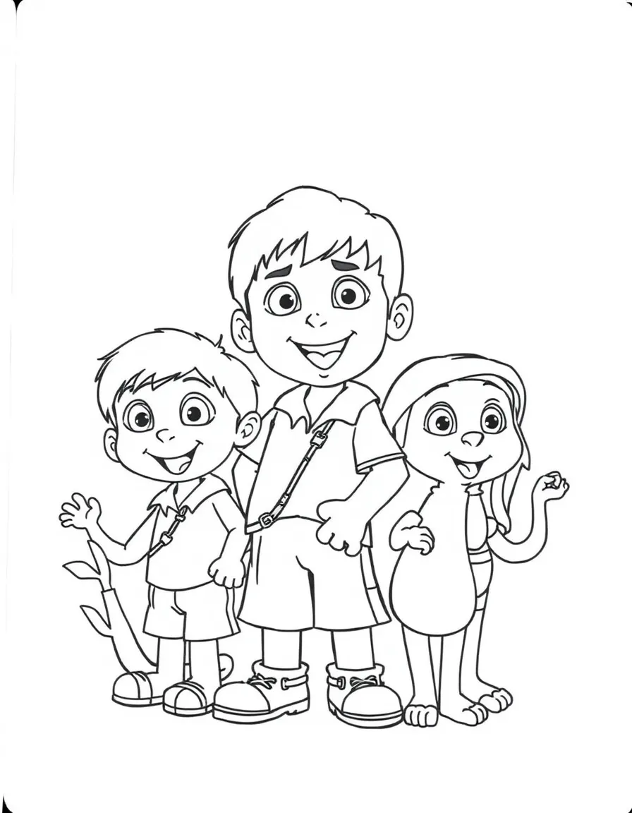 A group coloring page featuring Diego with other characters from the same show or movie.