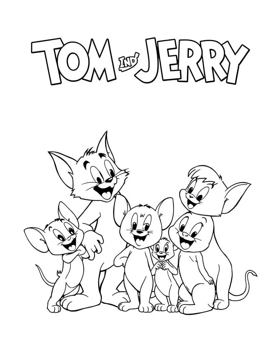 A group coloring page featuring Tom and Jerry with other characters from the same show or movie.
