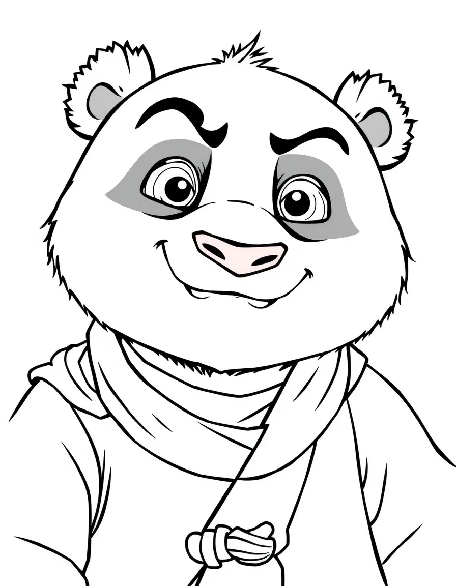 A close-up of Kung Fu Panda's face in bold lines with expressive eyes and detailed costume elements.