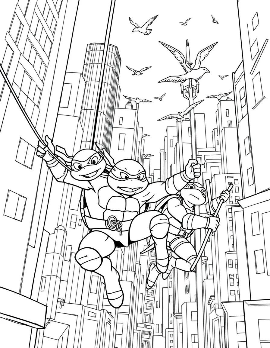 A fun and detailed coloring page of Teenage Mutant Ninja Turtles swinging through a city full of tall buildings and birds.
