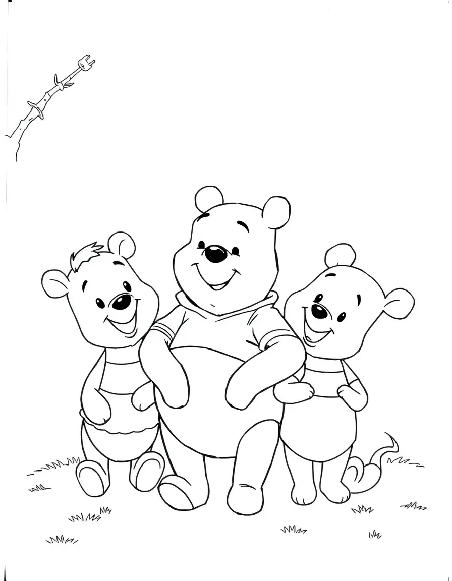A group coloring page featuring Winnie the Pooh with other characters from the same show or movie.
