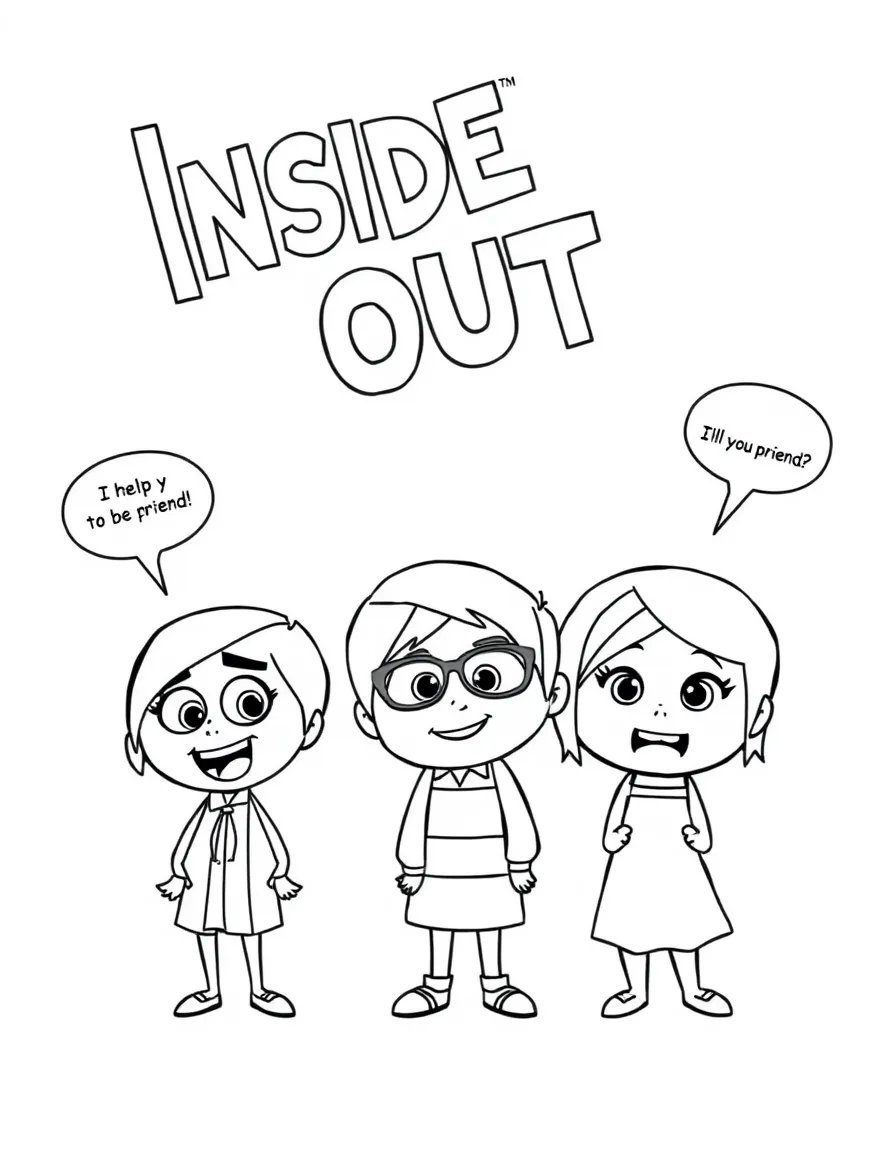 A cartoon-style drawing of Inside Out helping friends, with speech bubbles and cheerful faces.
