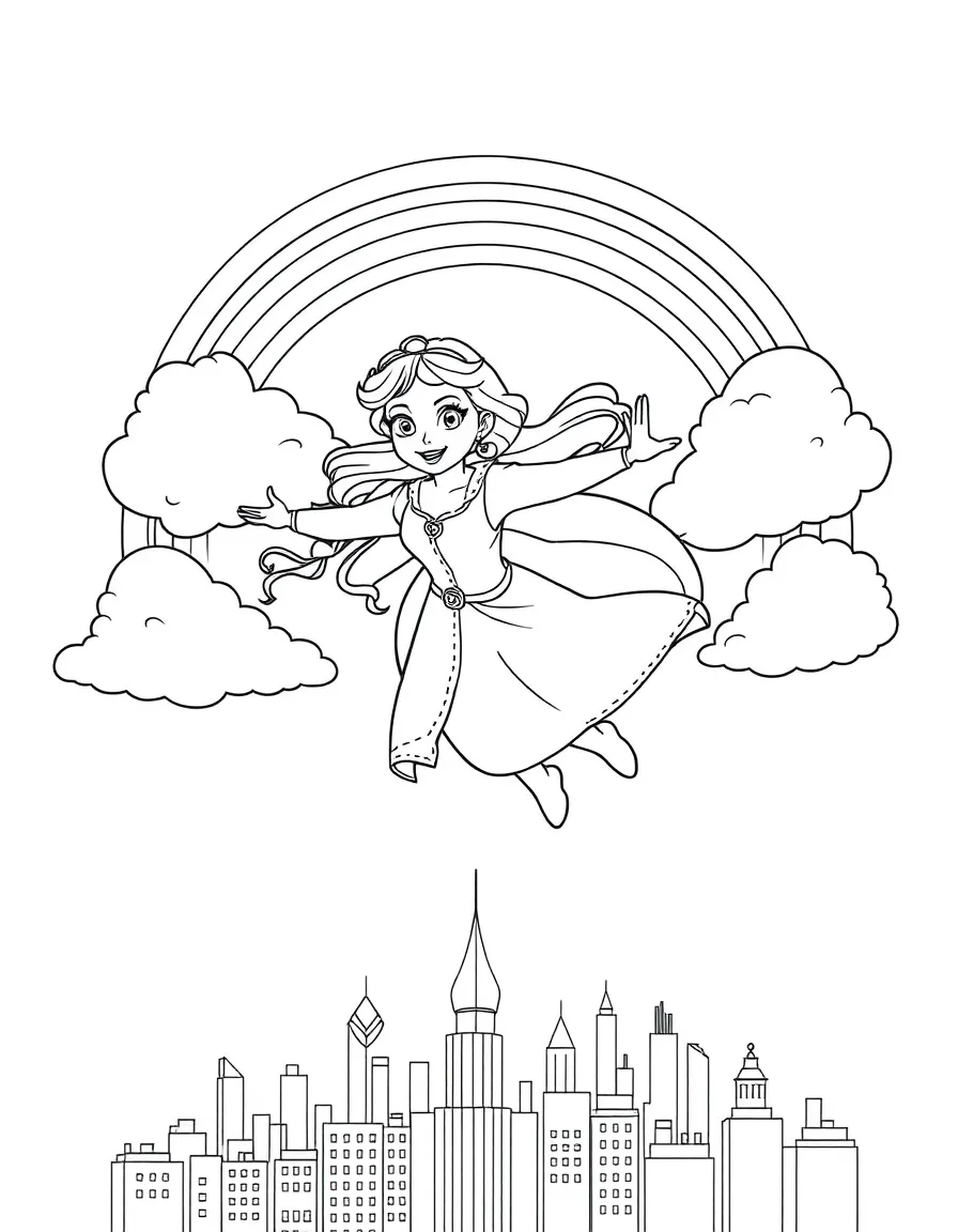Anna flying through the clouds with a rainbow behind and city skyline below.